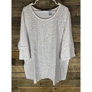 Liz & Me Women's Plus Sz 2X Round Neck 3/4 Sleeve White With Sequins Top
